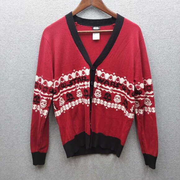 Star Wars Red & Black Acrylic Holiday Cardigan Sweater With Stormtrooper Pattern - Picture 1 of 3